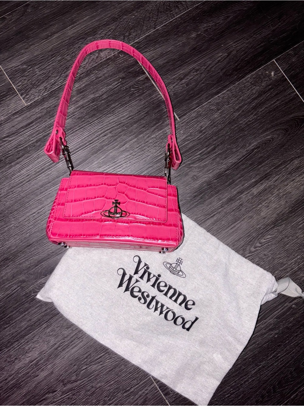 Vivienne Westwood Hot Pink Croc-Embossed Crossbody Bag